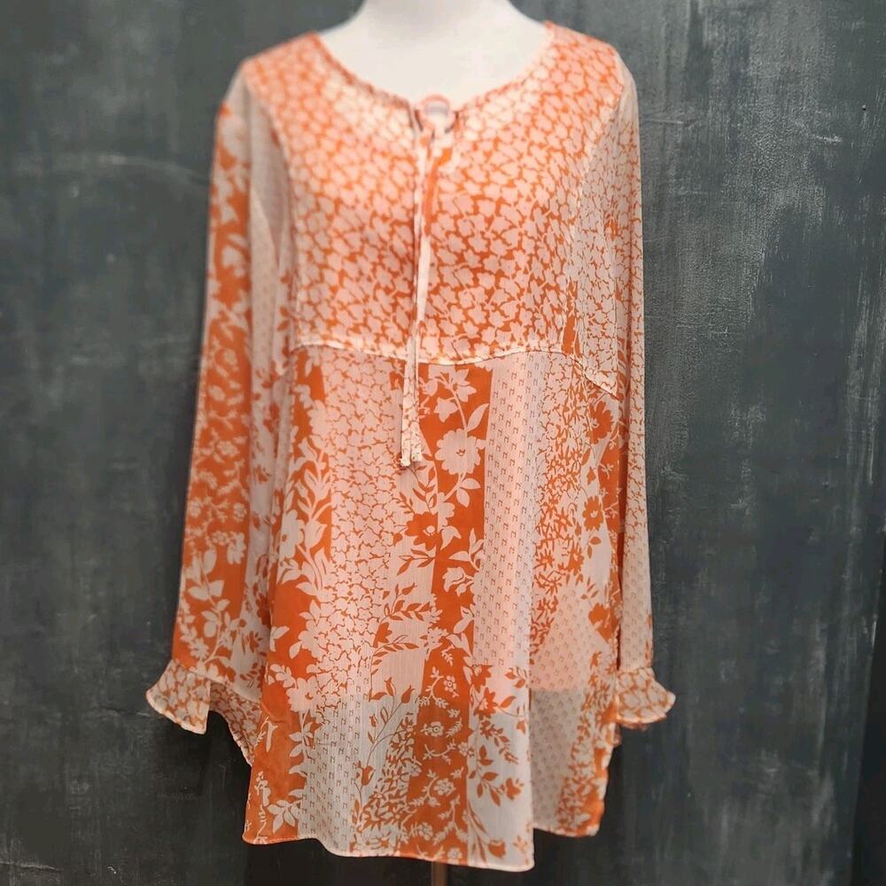 Susan Graver Tunic Orange White Floral Blouse Medium